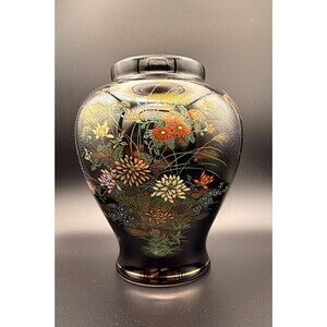 Vintage Andrea Sadek Japanese Floral Vase Black Gold Bird Decor